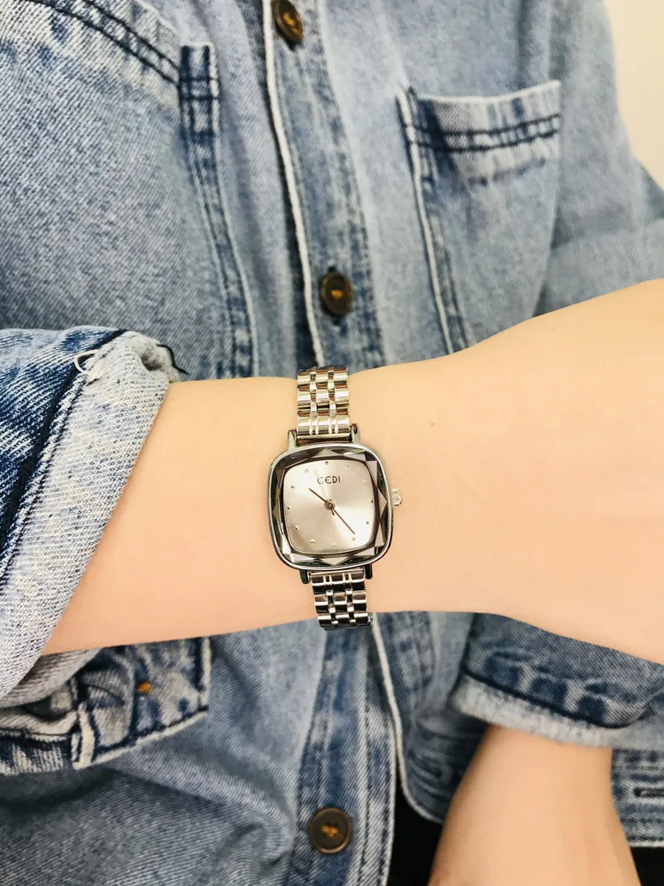 New Women'S Watch With A Mini Small Dial, Square Shape, Silver-White Steel Band, And Compact Design. A Perfect Gift For Women.