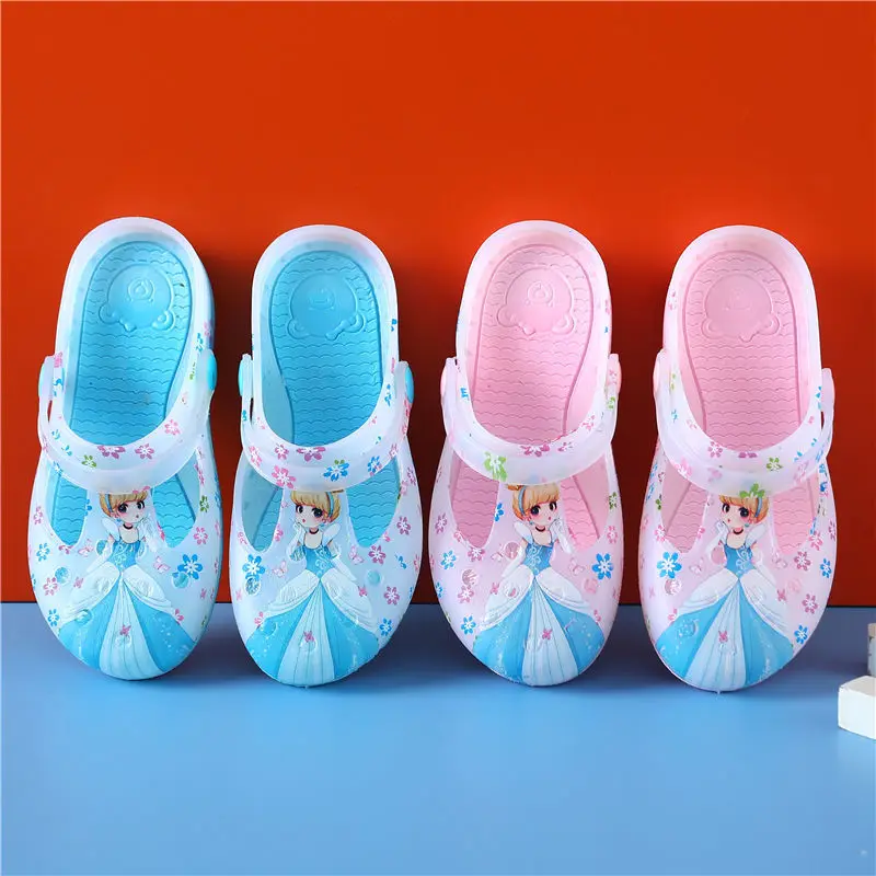 Zapatillas de princesa antideslizantes para niños y niñas, zapatos de playa de jardín, sandalias huecas de fondo suave, rosa y azul, Verano