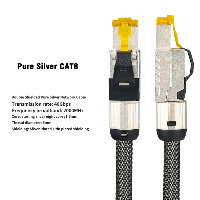 

1PCS Pure Silver Network Patch Cord RJ45 Cables CAT8 Ethernet Cable High Speed 40Gbps 2000MHz Double Shielded