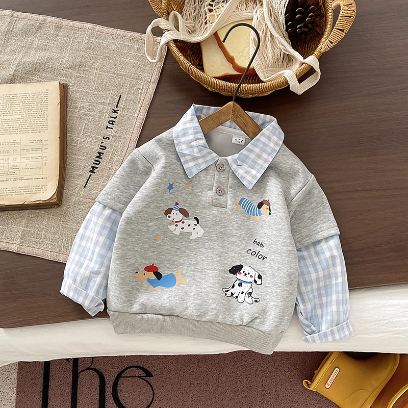 2-teiliges Kleidungsset für Jungen, künstlich zweiteiliger, kariertes Polo-Sweatshirt mit Cartoon-Hund-Aufdruck + Jeanshose mit elastischem Bund, Frühling – Detail 4
