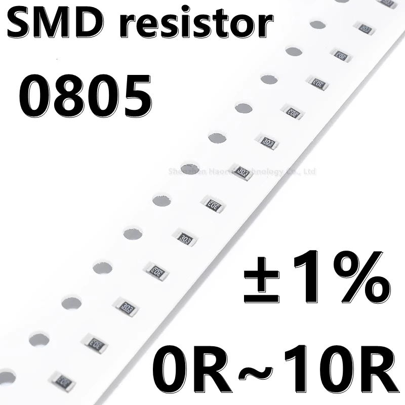 (100pcs) 0805 1% SMD resistor 0R 1R 1.2R 1.3R 1.5R 1.6R 1.8R 2R 2R2 2R4 2R7 3R 3R3 3R6 3R9 4.3R 4.7R 5R1 5R6 6R2 6R8 7R5 8R2 10R
