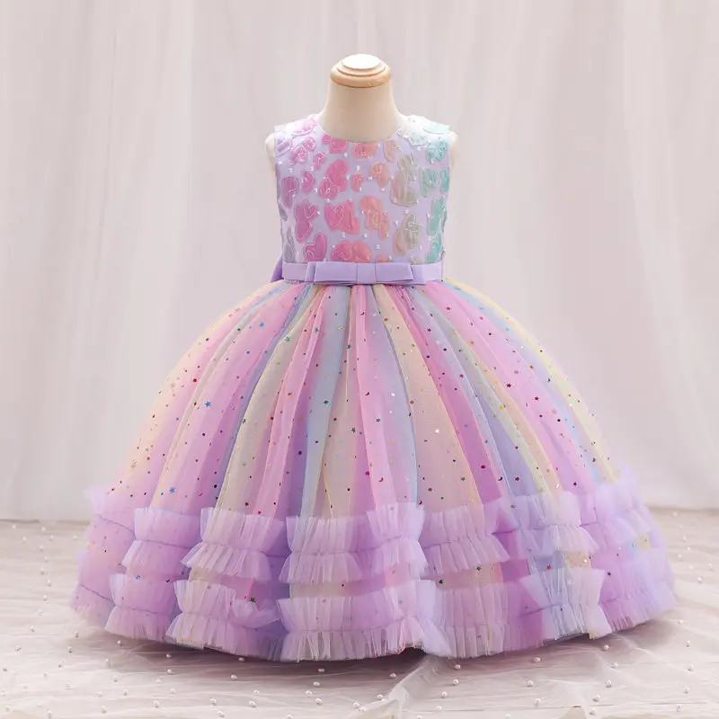 

Радужное детское платье принцессы из пушистой пряжи, праздничное платье для девочек на день рождения, платье для танцевальных выступлений.