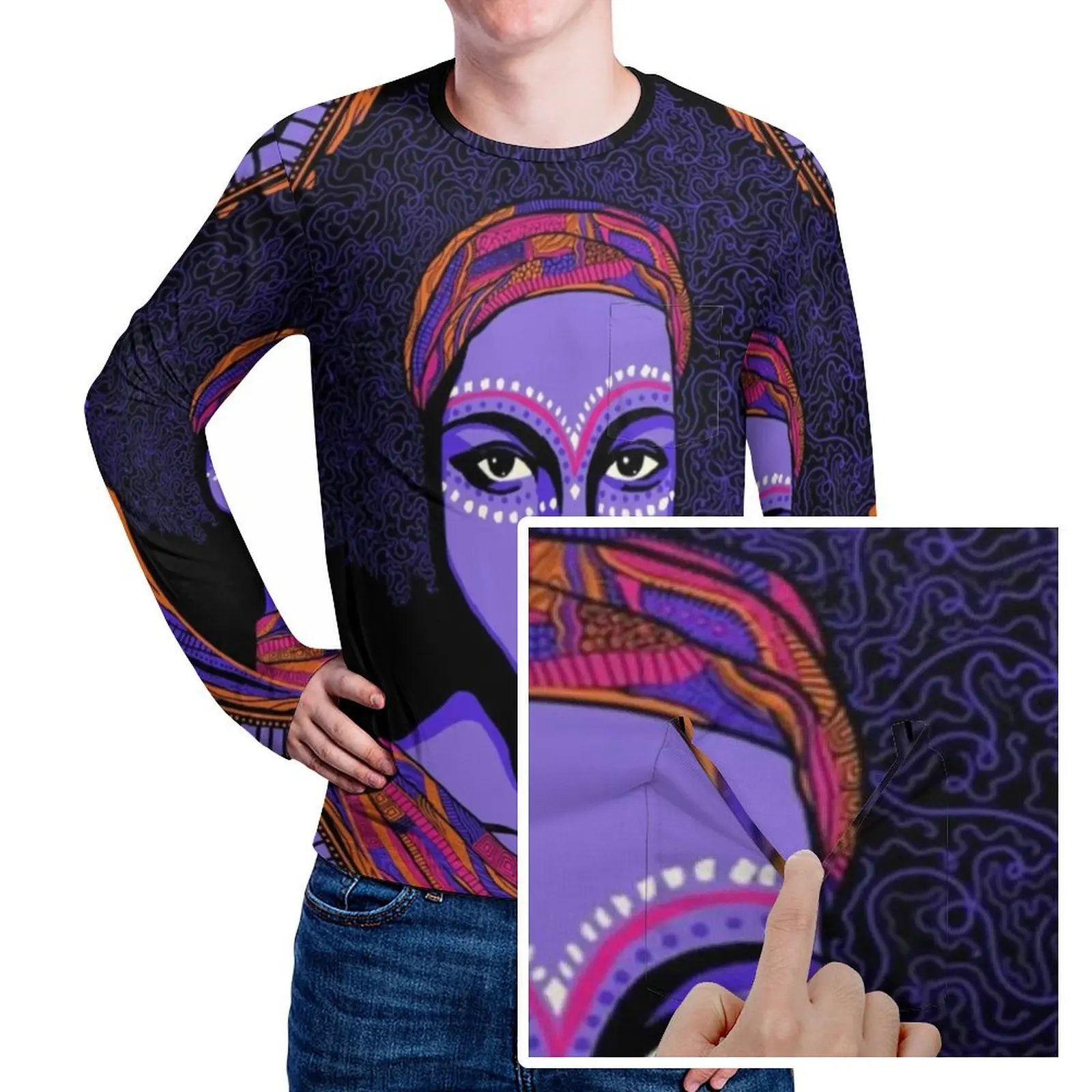 Colorful African Woman T-Shirt With Pocket Goddess Print Retro T Shirts Men Casual Tee Shirt Long Sleeve Custom Clothes 4XL 5XL