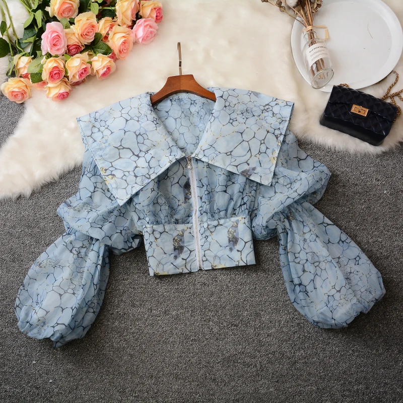 

Elegant Ladylike Print Chiffon Cardigan Sleeveless V-neck Long Sleeve Autumn New Style Small Design Bubble Sleeve Fashion Wom...