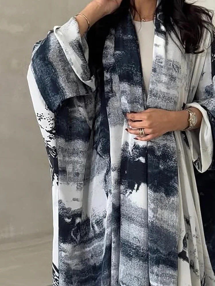 

2025 Autumn Thin Office Robe Cardigan Female Casual Loose Chiffon Outerwear New Pattern Printed Long Sleeve Women's Muslim Coat