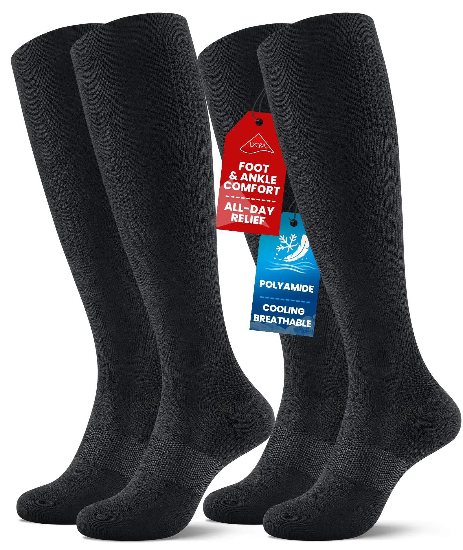 Cooling Compression Socks for Women Men, 20-30 mmHg Circulation Knee High for Travel, Flying, Running, 2 Pairs