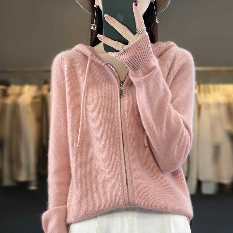 100% pure wool knitted jacket ladies\' high sense 2023 autumn and winter fashion hooded zipper sweater cardigan