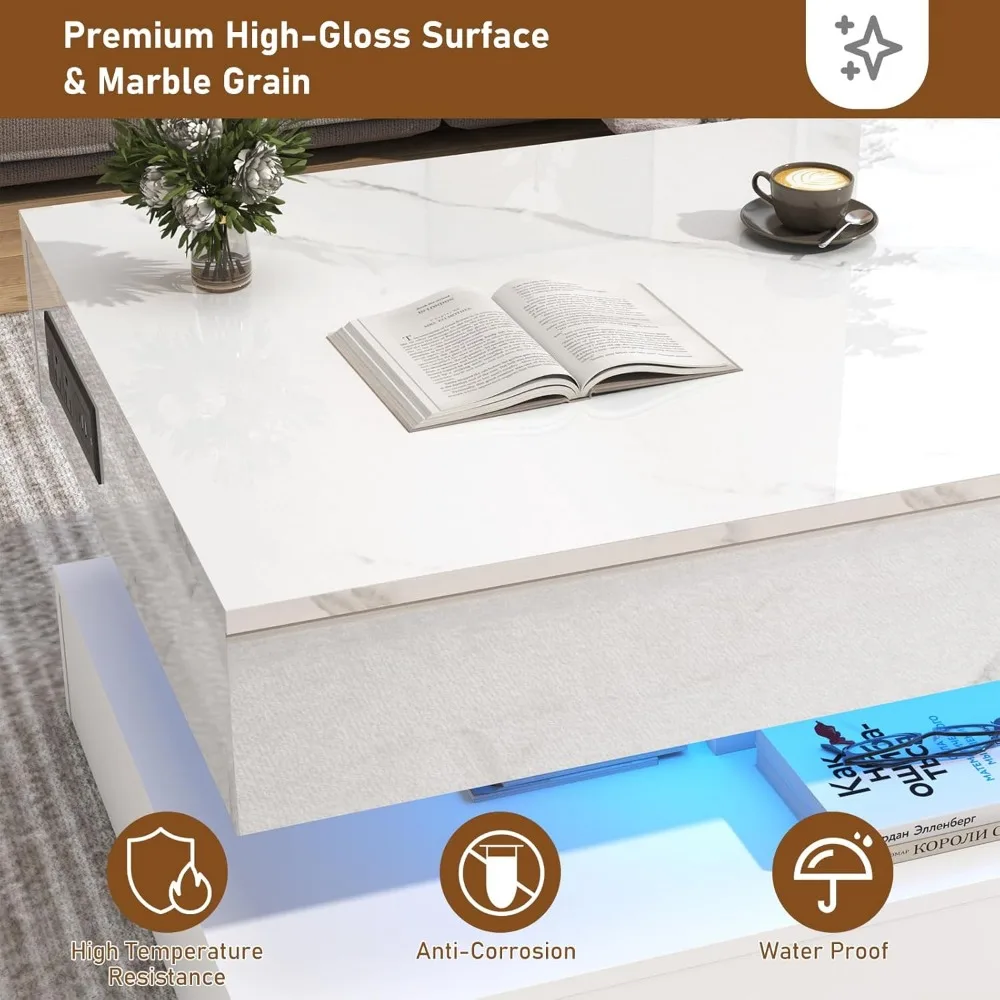 47.2” Coffee Table, LED with Charging Stake, Hidden Storage Compartment, Elevated Living Room Table, Elevated Coffee Table