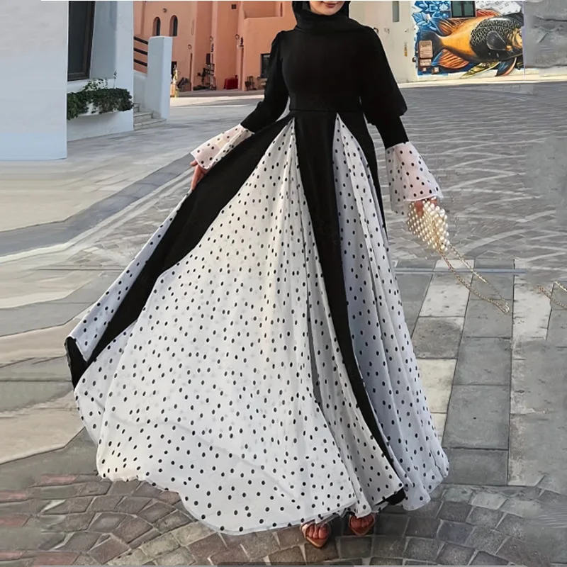 2026 Dubai Muslim Long Dress, Middle Eastern Ladies' Round-neck Color-block Chiffon Polka Dot Flared Sleeve Long Elegant Dress.