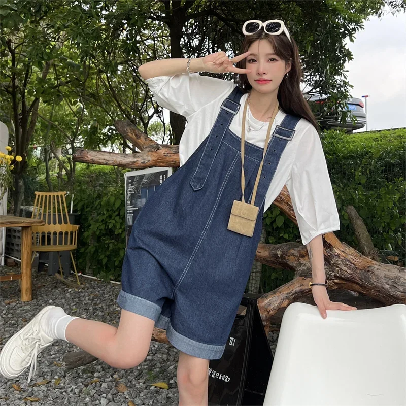 Y2k Fashion Shorts Overalls Shorts For Women's Summer Denim Shorts Korean Style Wide Leg Jeans Blue High Waisted Baggy Crimping