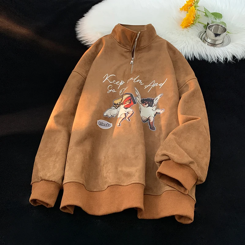 

Мужская толстовка большого размера 300 Pou, осенняя, модная, винтажная, с длинным рукавом, на молнии, из оленьего бархата, удобная, верхняя одежда