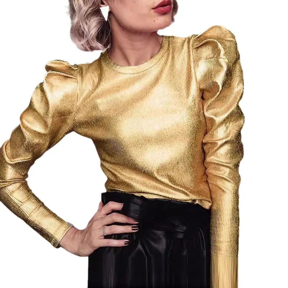 Camiseta feminina cor brilhante quatro cores slim fit poliéster longo Sve irt European Sle Faion Spring Season Regular Thi...