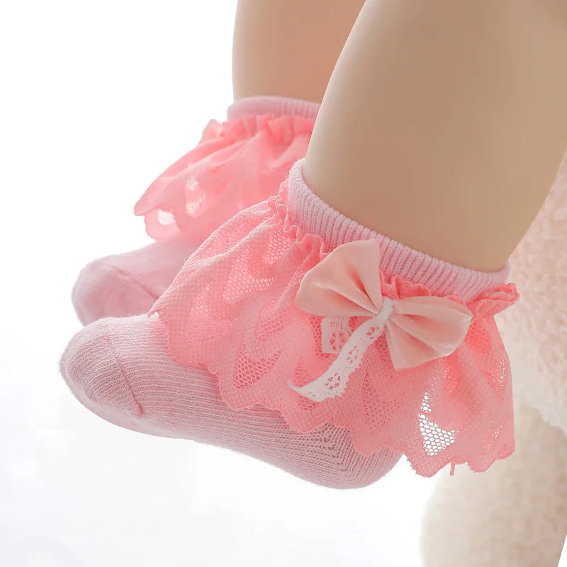 4pcs Girls\' Socks Spring Simple Autumn Solid Color Bow Foreign Lace Princess Socks Baby Full Moon Socks