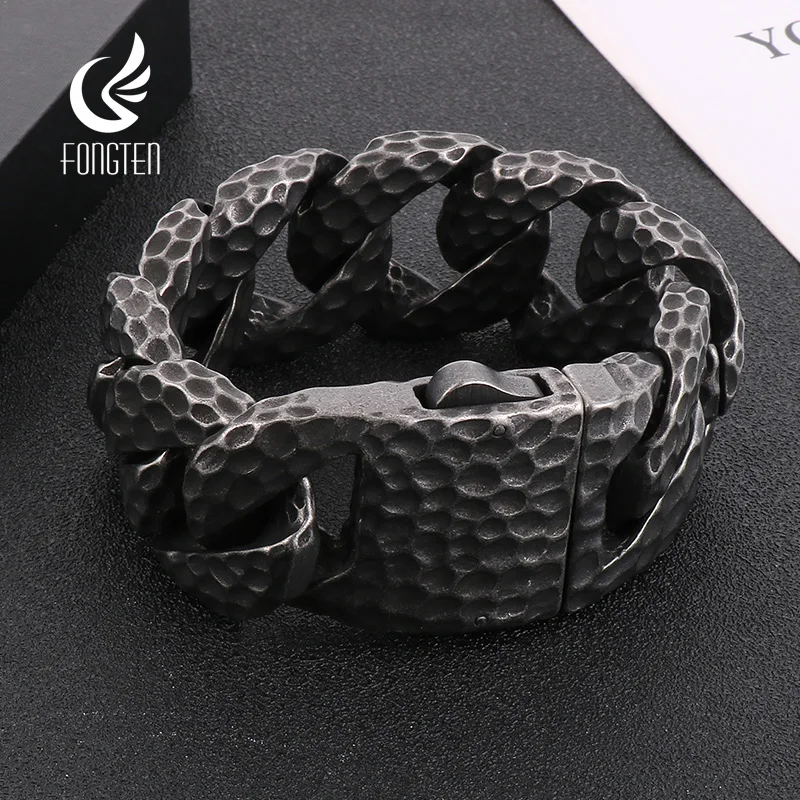 Fongten Heavy Curb Bracelet for Men Vintage Stainless Steel Foundry Tapping Pattern Cuban Chain Male Bangle Bracelets Jewelry