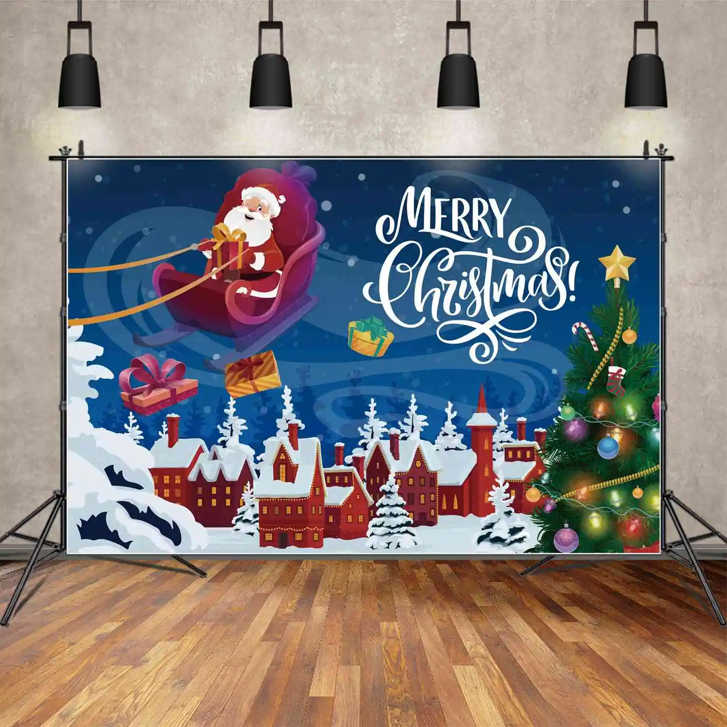 MOON.QG Backdrop Merry Christmas Father Gifts Delivery Kids Party Banner Background Home Street Tree Snowflake Sky Photo Booth