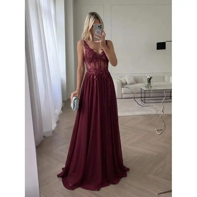 

MisShow 3D Floral Lace Bohemian Maxi Dress with Fish Bone for Women Sexy Spaghetti Straps V Backless Boho Female Party Dresses
