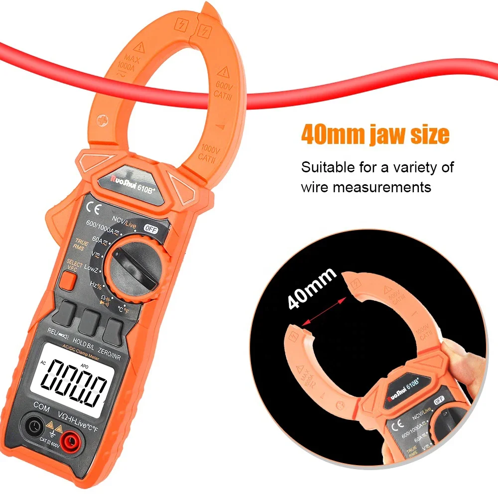 RUOSHUI 610B+ 1000V 1000A AC/DC Digital Clamp Meter 5999 Counts VFC True RMS NCV Live Flashlight Clamp Multimeter