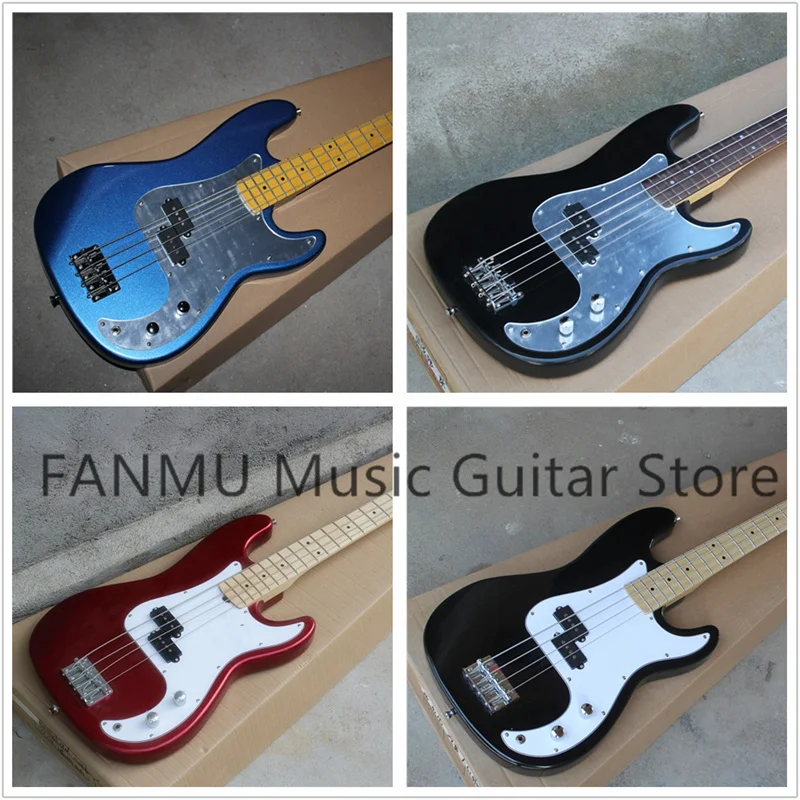 Black bass, 4 strings electric bass guitar,metal blue,metal red body,maple neck mirror pickguard,chrome tuners,fixed bridge