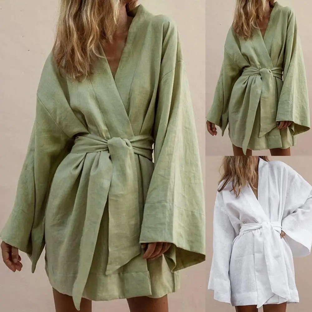 

Chic Mini Dress Skin-friendly Loose Hem Comfy Robe Style Short Dress Cardigan Dress Solid Color