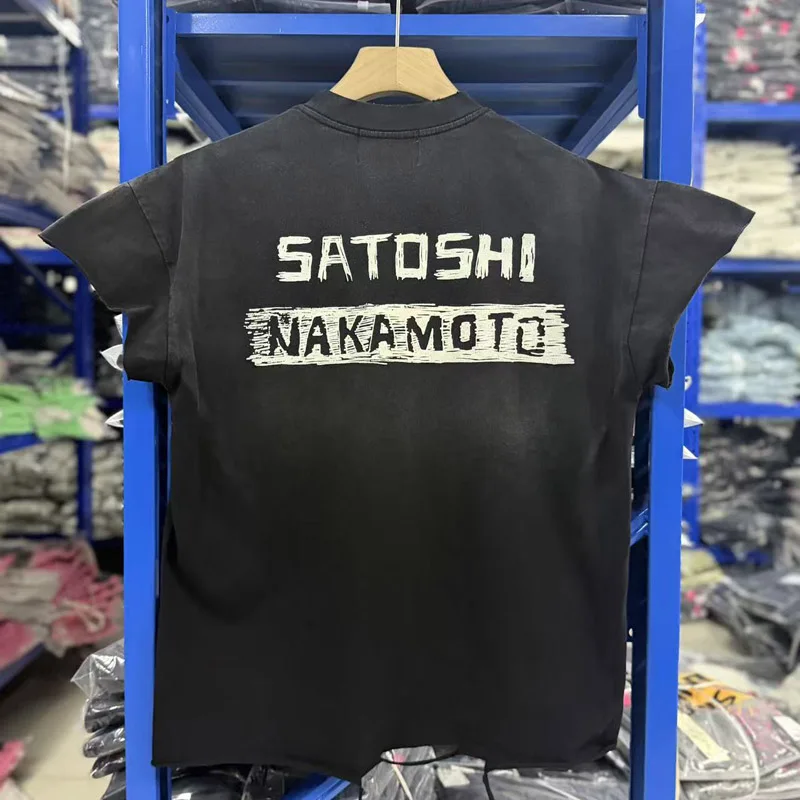American Motorcycle Style Satoshi Nakamoto Vest Washed Water Worn Out Torn Collar Camisole Printed T-shirt