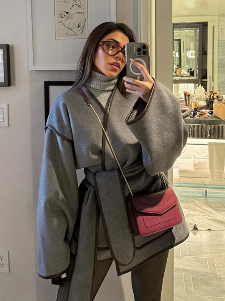 Chic Solid Leather Edge Full Sleeves Coats Elegant V-neck With Belt Fall Winter Jackets For Women 2024 New High Street Outerwear