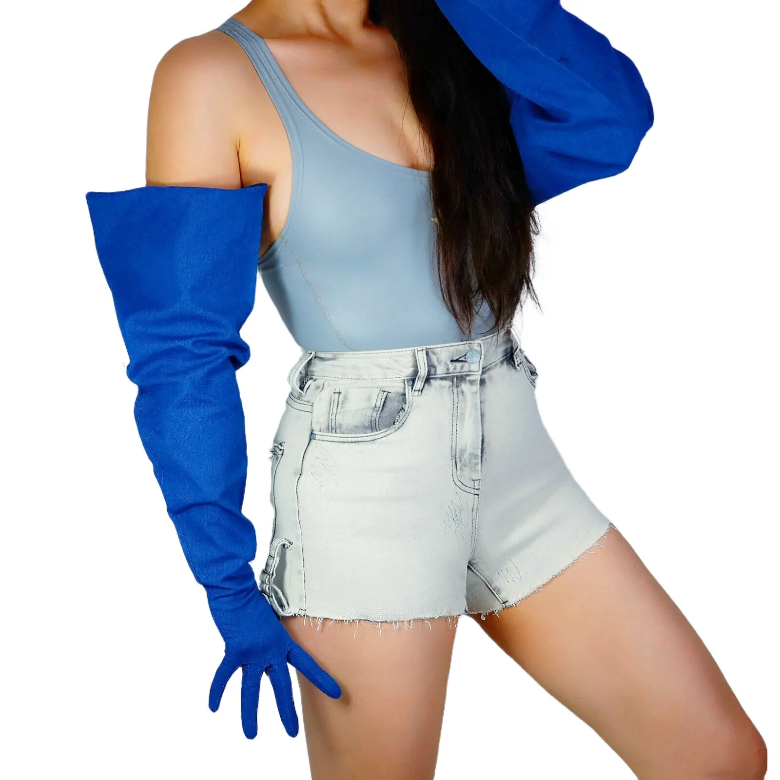 

DooWay Women's DENIM GLOVES Blue Jeans Large PUFF SLEEVES 28" 70cm Extra Long Balloon Large L TECH Evening Fashion Street Glove