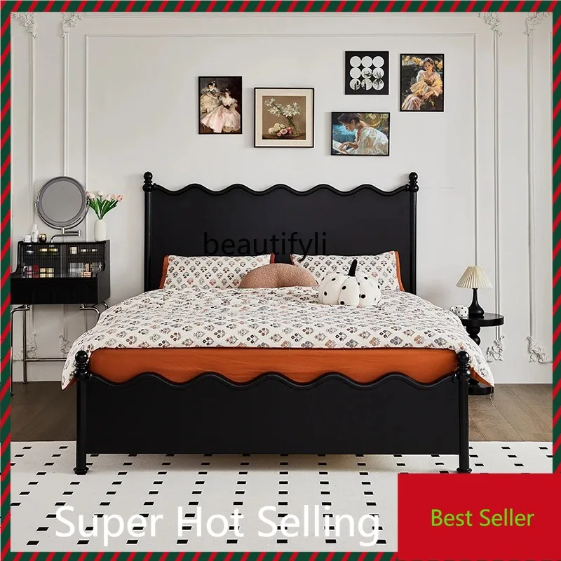 

QQ132 French retro solid wood bed black double bed wavy bed medieval furniture American light French