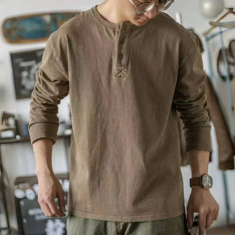 Men's Solid Color Retro Henley Long Sleeve T-Shirt New American Casual Loose Tough Guy Style Basic Bottoming Tops Spring Autumn 3