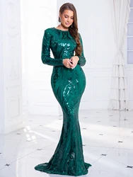 Elegant O Neck Full Sleeve Evening Party Dress Luxury Sequin Bodycon Mermaid Full Lining Celebrity Prom Gown Women's Autumn 2023