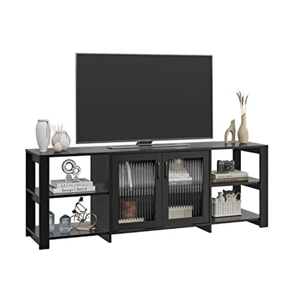 

70 Inch TV Entertainment Center Media Console Table with Storage Cabinet and Open Shelves Modern Black TV Stand Living Room