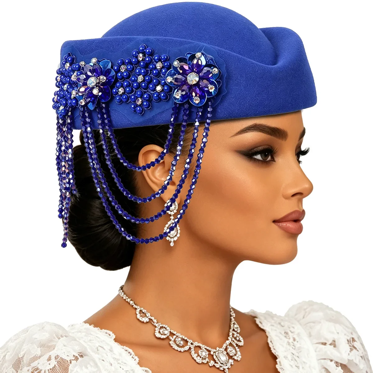 Fashion Handmade Flowers Turban Hat Retro Rhinestones Beret Caps Soft Fabric Church Hat For Party Evening