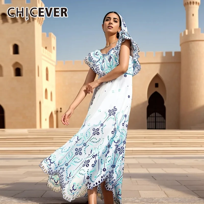 

CHICEVER Summer Embroidery Dresses For Women Slash Neck Short Sleeve Backless High Waist Spliced Ruffle Slim Midi Dress Female