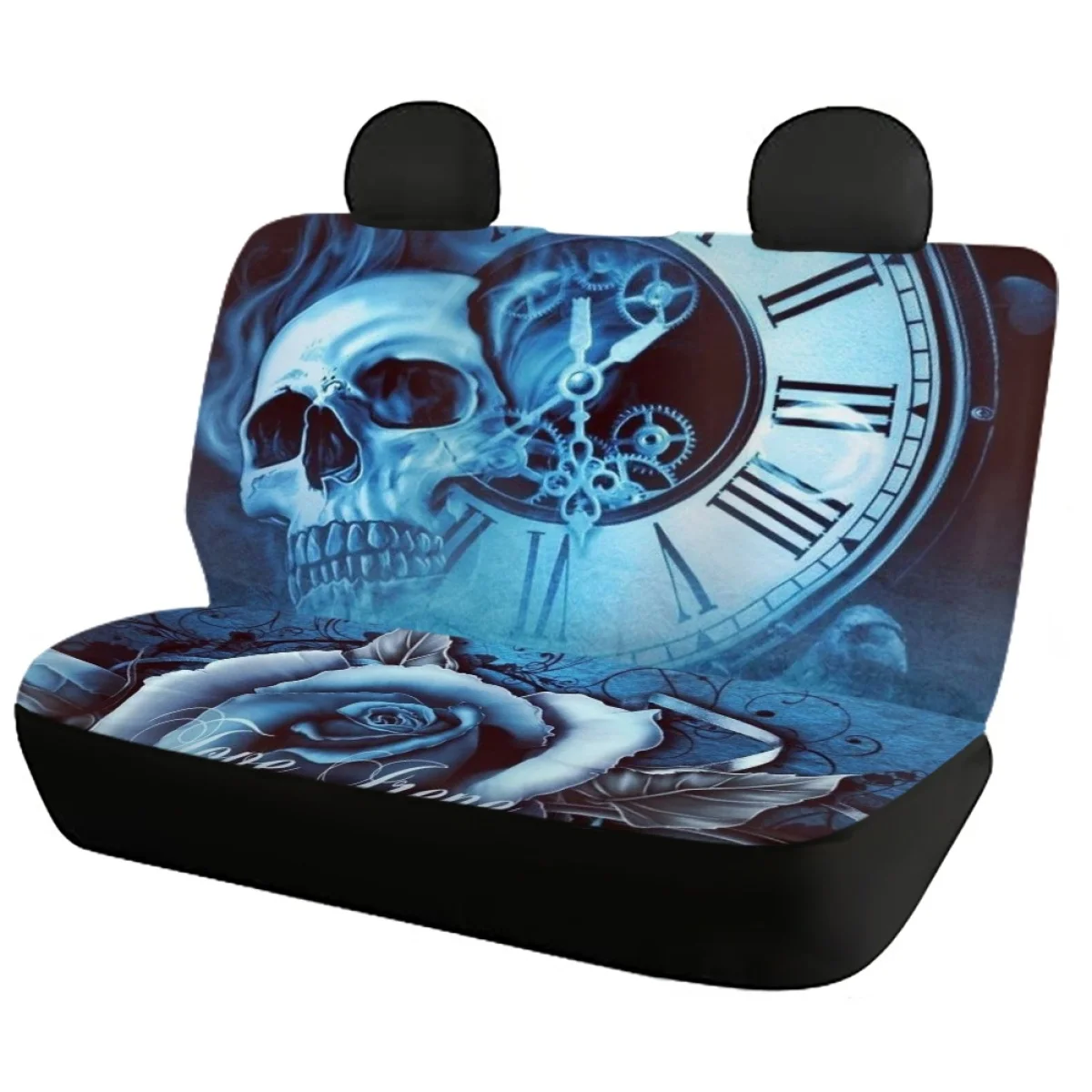 Elastic Remove Car Seat Cover Blue Skull with Flowers Intorior Decor with Clock Design Universal Front/Back Vehicle Seat Covers