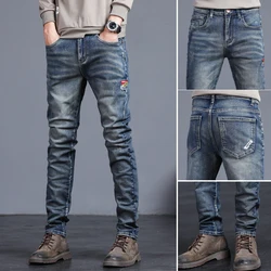 Embroidered Jeans Men's Autumn Winter New Korean Fashion Slim Little Feet Trousers Stretch Vintage Street Denim Trousers Male
