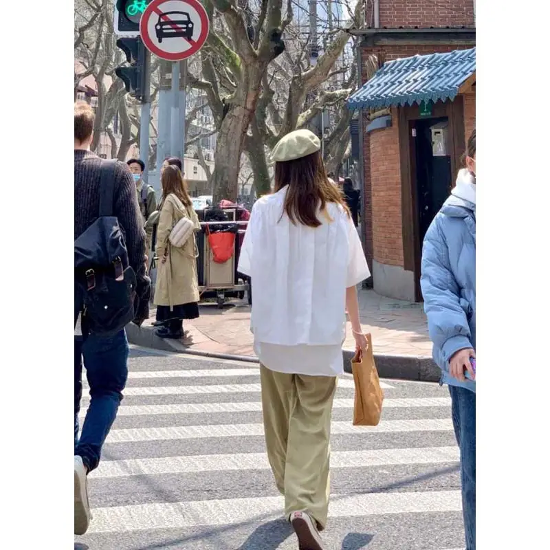 

Retro Wide Casual irt for Women Summer New Korean Sle Straight Knot ort Sve Cotton Blend Warm Thin Body