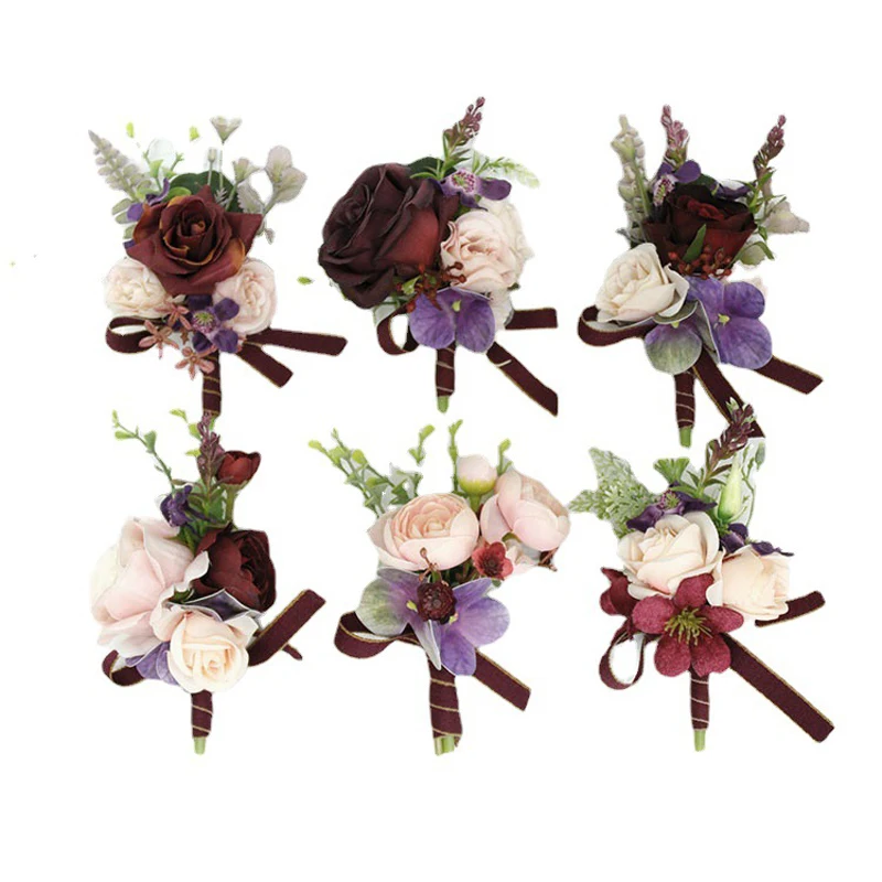 Bourgondië Aritifical Boutonniere Bloemen Handgemaakte Bruid Accessoires Bruidegom Bruidsmeisje Corsage Getuige Bruiloft