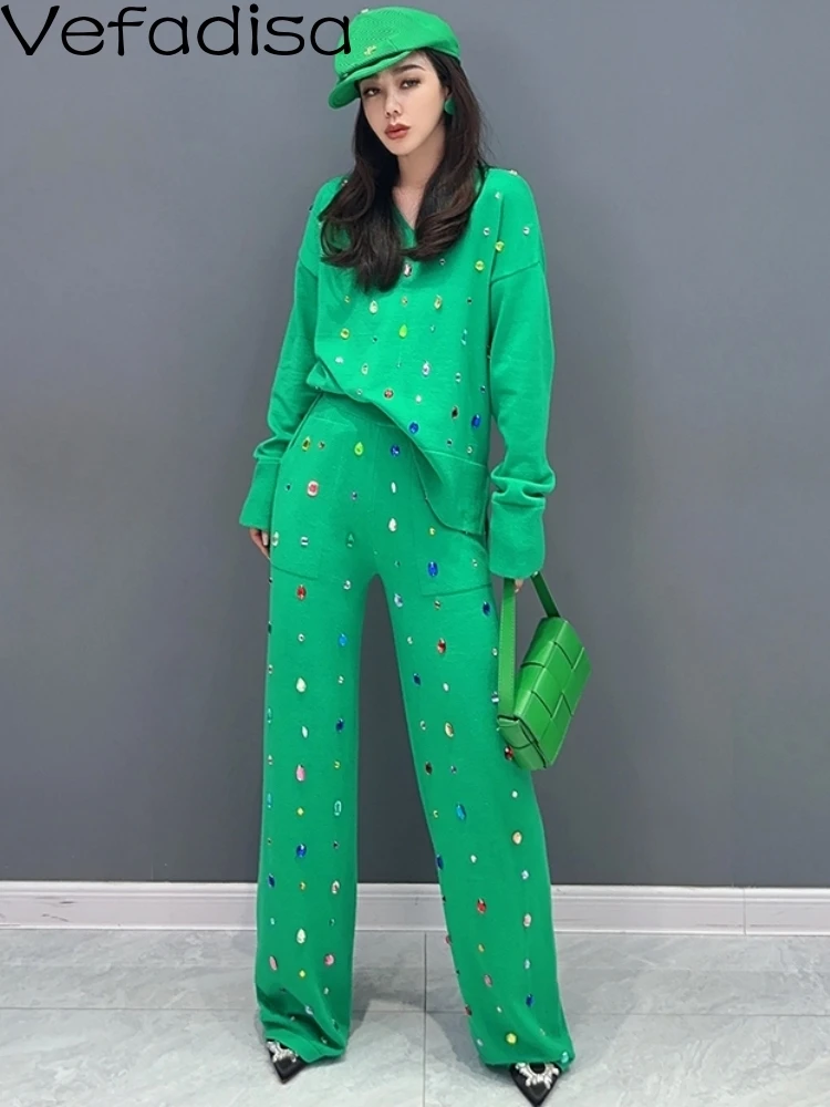 

Vefadisa 2024 Autumn New Green Women Hot Diamonds Set V-neck Long Sleeve Split Top And Pant Two-piece Fashion Casual Set ZXY691A