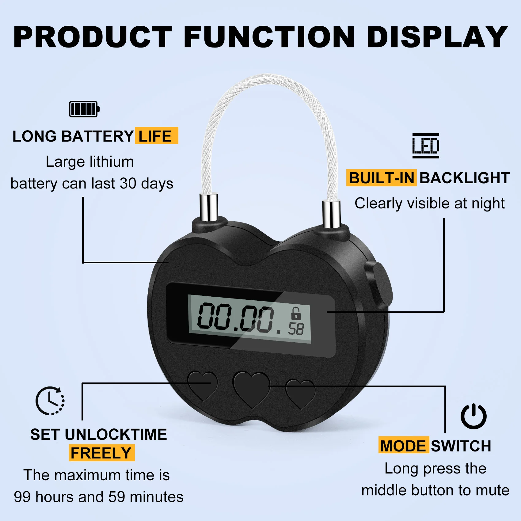 Imagem -03 - Display Lcd Smart Time Lock Multifunções Viagem Temporizador Eletrônico Impermeável Usb Recarregável Temporizador Temporário Cadeado