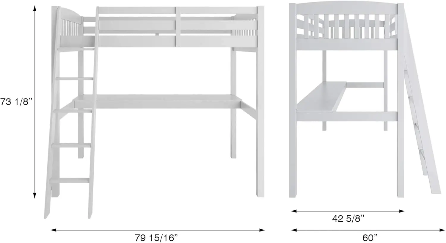 Everest Letto a soppalco alto bianco con scrivania e contenitore Struttura letto a soppalco doppia in legno massello resistente con scale per bambini e bambini piccoli