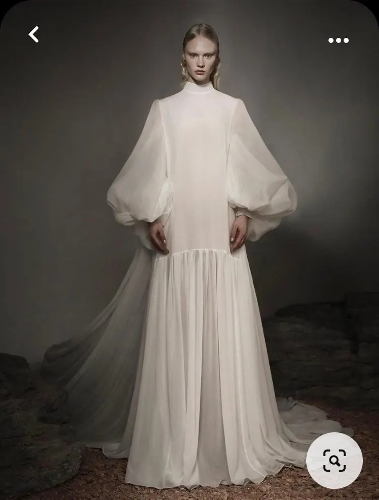 

Verngo Simple Silk Chiffon Wedding Dresses Pregnant Straight High Neck Tail Puff Long Sleeves Bridal Gowns Party Formal Dress