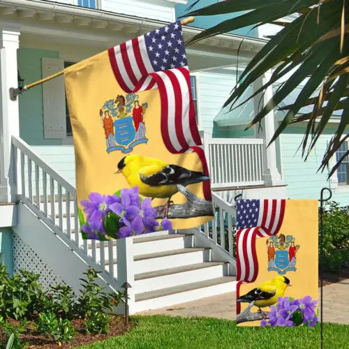 New Jersey State Eastern Goldfinch Bird and Purple Garden Flag - House Flag