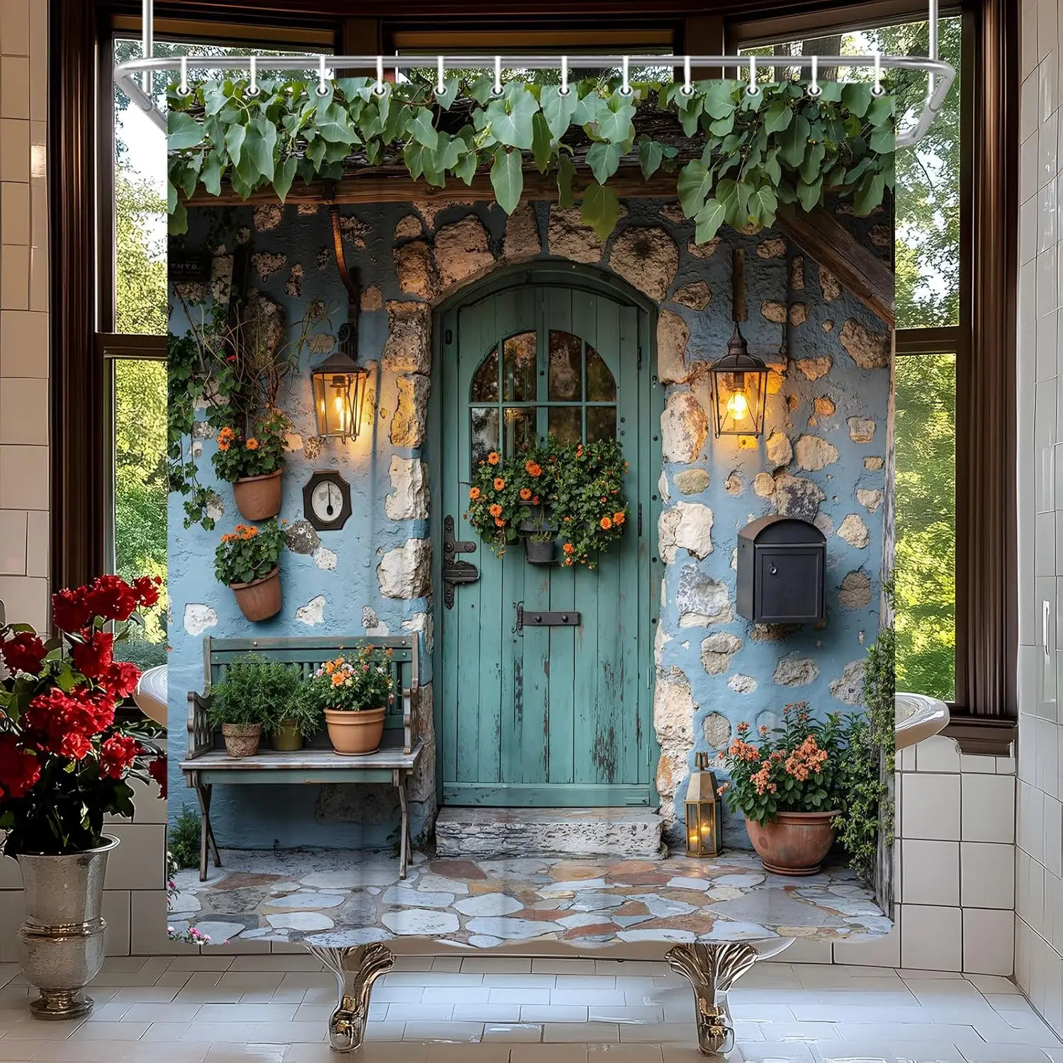 Italian Street Shower Curtain Rustic Garden Door Brick Wall Mediterranean Tuscan Renaissance City Courtyard Plant Spring Floral