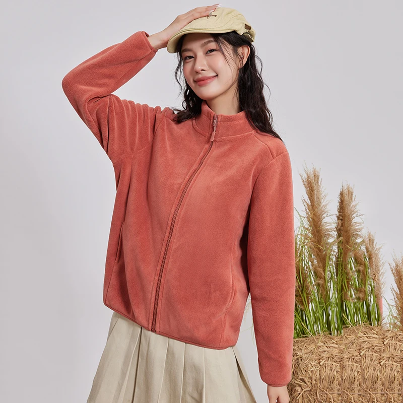 New Stand Collar Warm Polar Fleece Jacket Women Autumn Winter Long Sleeve Zip Up Coats Woman All Match Pocket Solid Plush Jacket