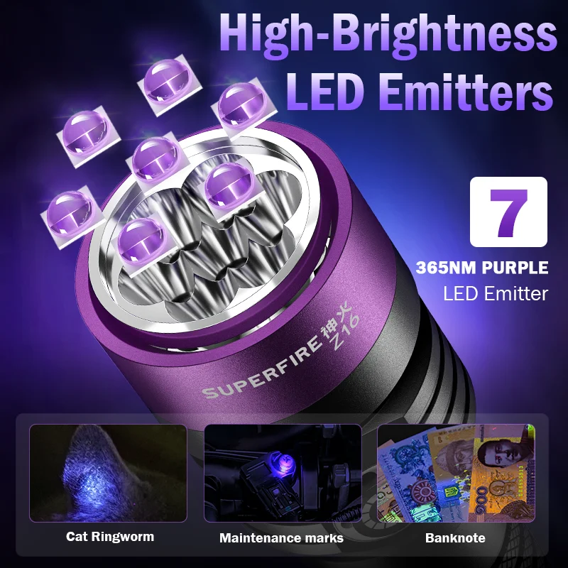 SUPERFIRE Z16 7W UV Light 365nm Ultraviolet Black Light Type-C Rechargeable UV Flashlight Leakage Ore Money Dog Cat Urine Tinea