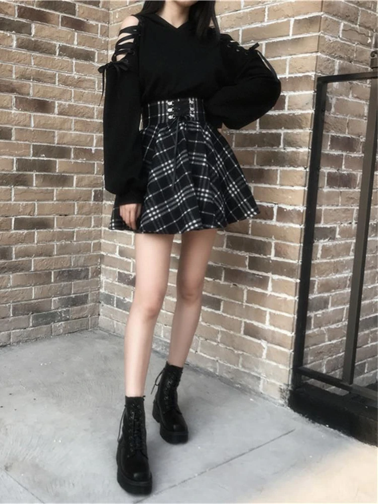 Japanese Sweet Preppy Style All-matched Plaid Skirts Lace-up Bow High Waist A-line Y2K Girl Gothic Mini Skirt for Women Summer