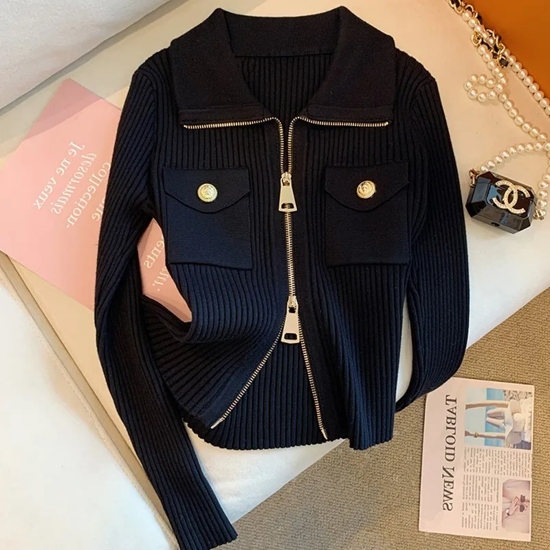 Women's Autumn/Winter Long Sleeve Sweater Elegant Gold Button Zipper Lapel Knitted Cardigan New A-straight All-Match Jacket