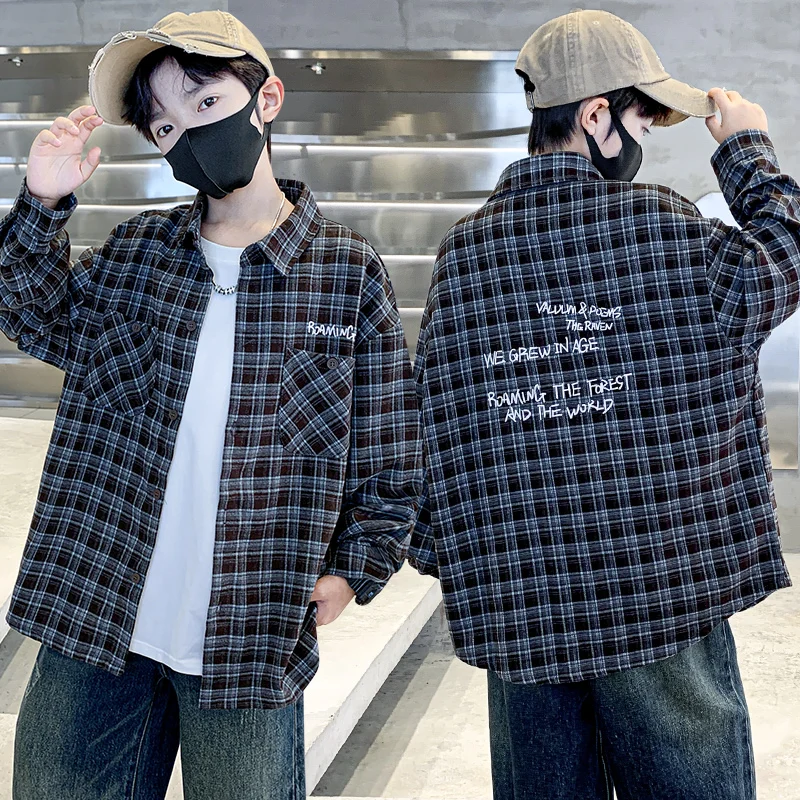 

Spring Autumn Children Long Sleeve Brown Plaid Shirt for Kids Boy Casual School Clothing 2025 New Arrival Cowboy Cotton Blouse