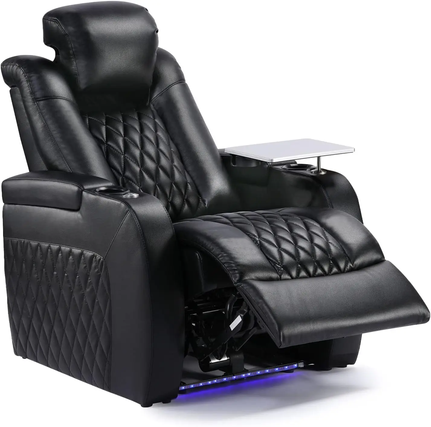 Grain Leather Recliner Chair Dual Power Movie Gaming Sofa Electric Headrest with Tray Table Type-C USB Charge Cup Holders Black