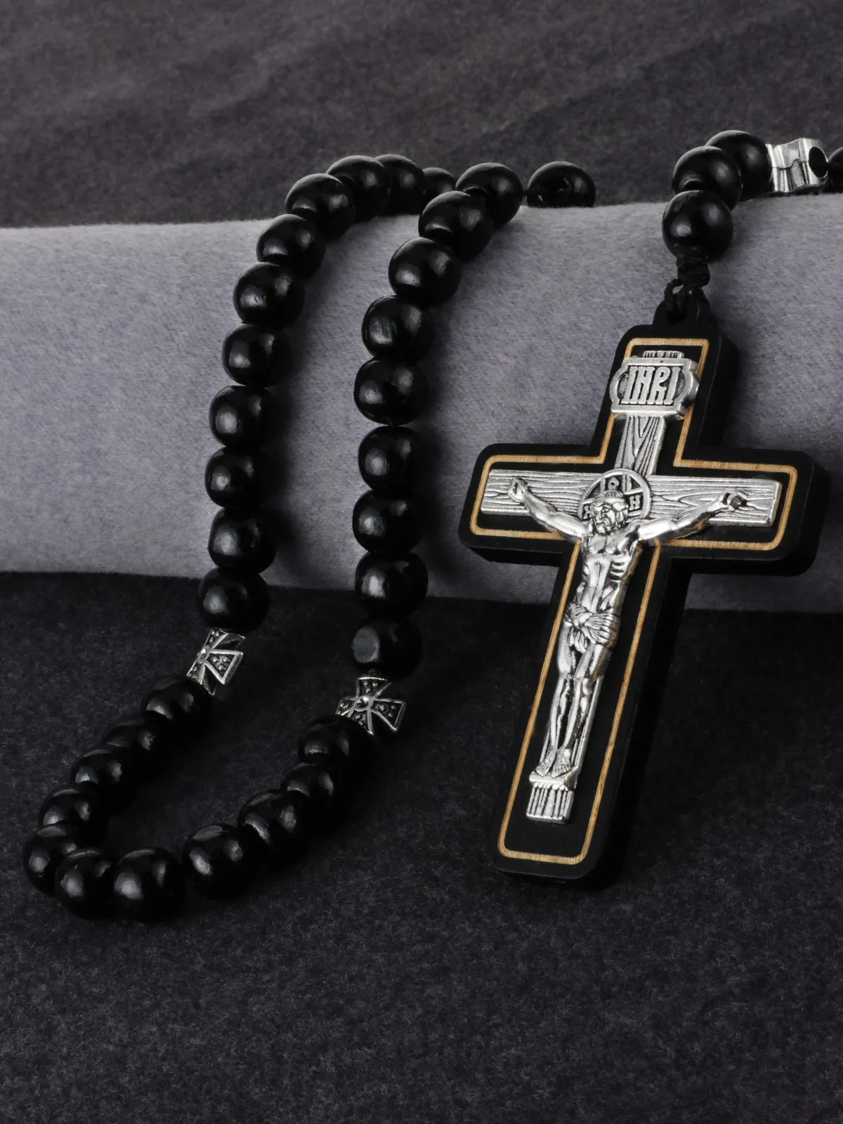 Orthodoxer Holzperlen-Rosenkranz mit INRI-Kruzifix, Jesus Christus Medaillen-Halskette, handgefertigte Gebetsperlen, Auto-Hängedekoration – Detail 6