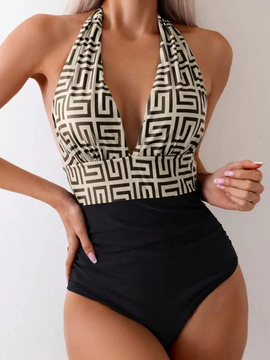 

Women's Geometric Print Plunging Neck Halter One-Piece Swimsuit